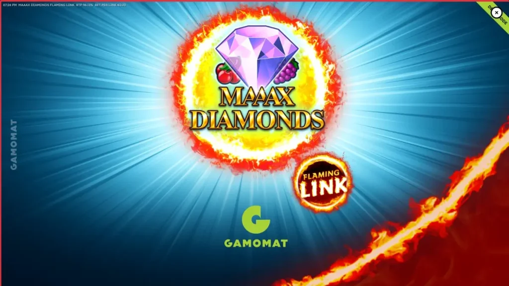 Tampilan visual slot Maaax Diamonds Flaming Link dengan simbol buah dan berlian api.