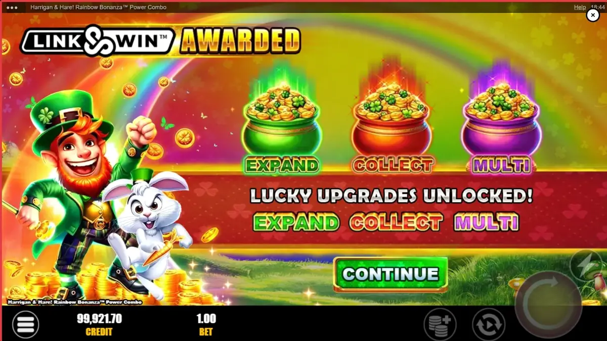 Tampilan visual slot Harrigan & Hare Rainbow Bonanza Power Combo dengan latar belakang bukit hijau Irlandia